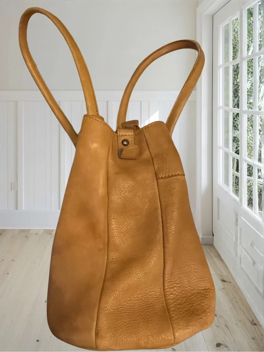 VILENCA HOLLAND Women's Tan Genuine Leather Tote Shoulder Bag Boho Whipstitch